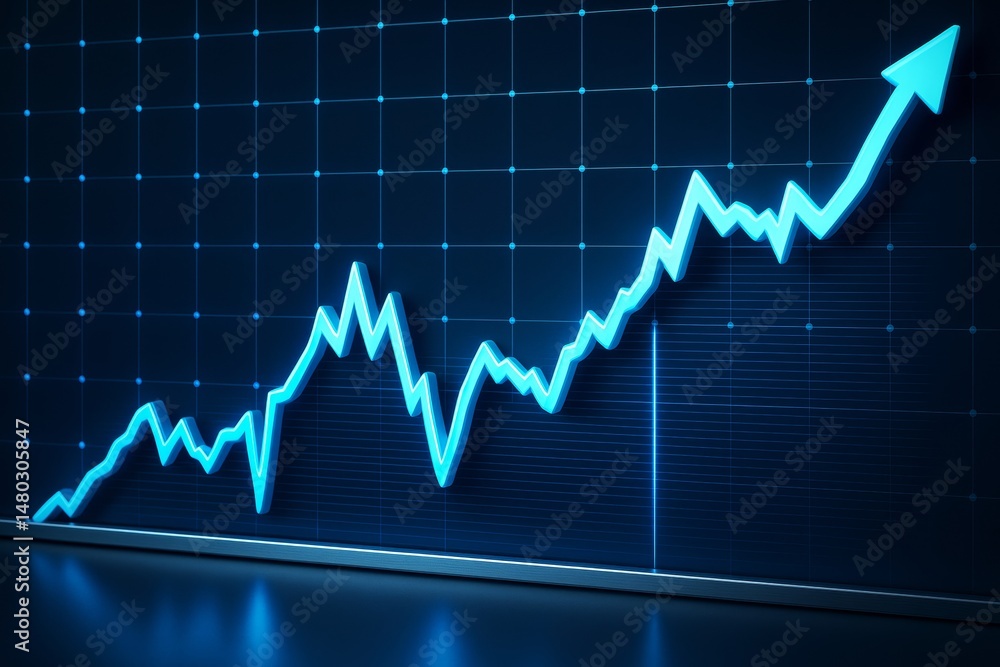 Poster glowing blue upward graph chart with arrow on dark grid background symbolizing financial growth and 
