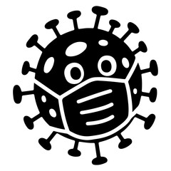 A cute cartoon virus wearing a face mask. Black and white vector illustration.