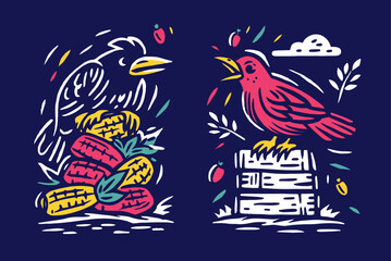 Colorful Bird and Corn Illustration on Dark Background