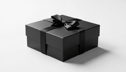 Sleek black square gift box, open & closed, side view White background , shadow, square box