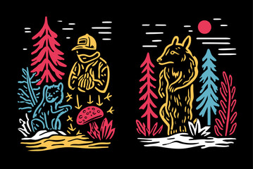 Obraz premium Colorful Hand-Drawn Wilderness Illustration Featuring Animals and Nature