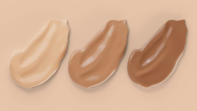 3D animation tonal Foundation smears for different skin colors on beige background. Light beige smudge of tone. Pastel shades of BB cream. Cosmetic product for makeup and skin care