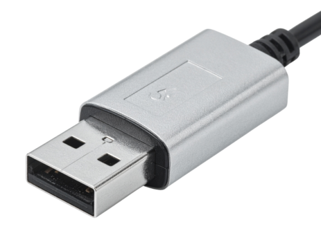 A close-up view of a silver USB cable connector.