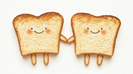 Adorable Toast Friends Holding Hands: A Delightful Image of Two Cartoon Toast Slices, Smiling and Holding Hands Against a Clean White Background. P
