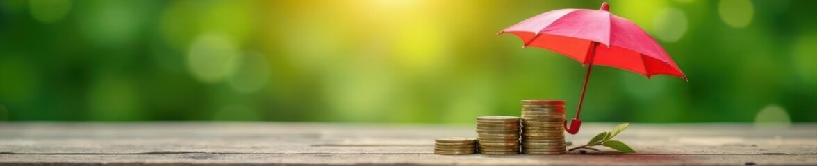 Stacked coins under red umbrella on wood Financial security concept , saving, coins