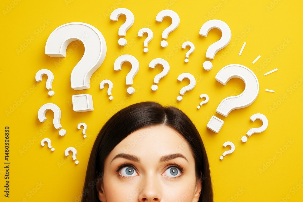 Poster woman looking up with question marks above head on yellow background, symbolizing curiosity, doubt, 