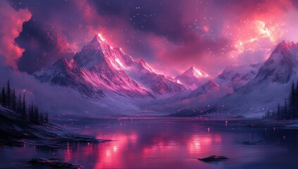 Naklejka premium Pink fiery glow illuminates snowy peaks & calm lake