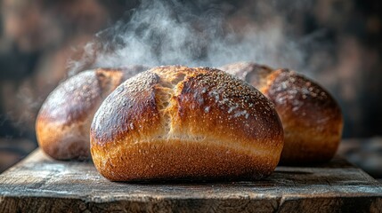 Freshly baked loaves of artisanal bread steaming