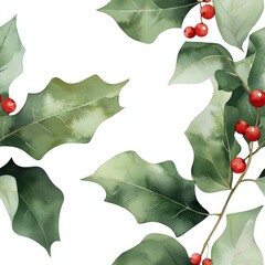 Fototapeta premium Lush Green Holly Leaves and Bright Red Berries in a Elegant Floral Design for Seasonal Decor and Crafts