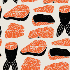 Sliced tasty fresh Salmon. Raw fillet on skin, red fish pieces, sashimi slices, steak, tail. Hand drawn trendy Vector illustration. Unique modern style. Healthy food concept. Square seamless Pattern