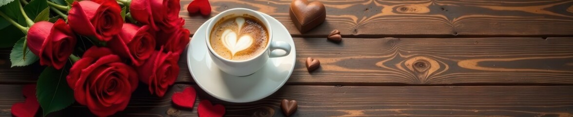 Fototapeta premium Wooden background, coffee heart, chocolate rose bouquet, gift boxes Valentine's Day design , boxes, detail
