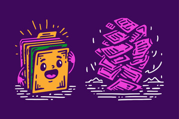 Colorful Illustration of a Cheerful Folder and a Pile of Documents