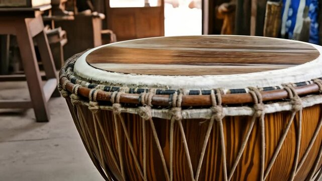 Close-up of a traditional African djembe drum with its wooden frame, rope tension system, and stretched animal hide skin, showcasing cultural craftsmanship