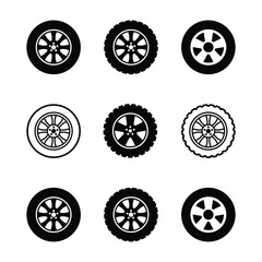 Set of Nine Black and White Tire Icons in Different Styles and Designs
