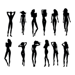 Silhouettes of Fashionable Women in Stylish and Dynamic Poses on White Background