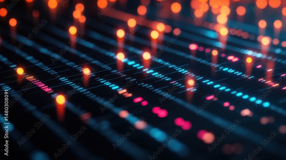 Poster abstract digital patterns with neon lights and flickering effects