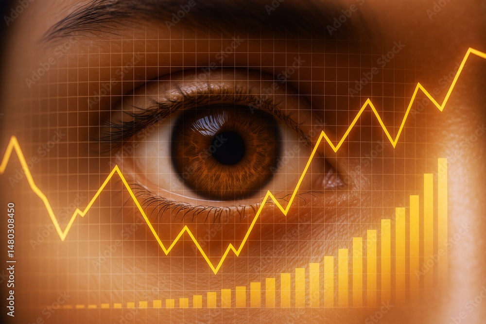 Poster close-up human eye with orange financial graph overlay symbolizing analytics and business growth on 