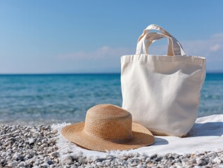 Beach essentials still life featuring straw hat tote bag and towel on pebble beach with ocean backdrop summer vacation