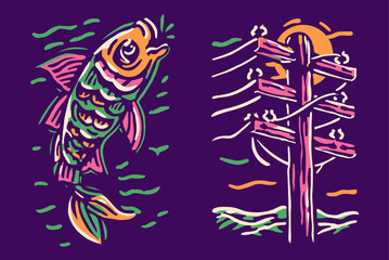 Colorful Fish and Powerline Illustration for Artistic Designs