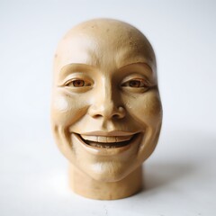 Smiling Wooden Face Sculpture on Rustic Outdoor Table