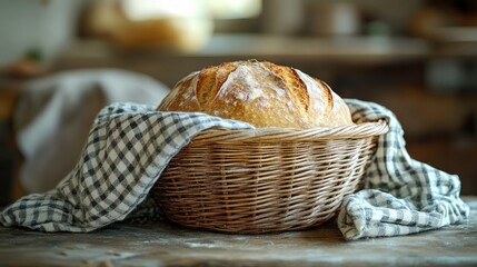 Freshly baked sourdough loaf in a wicker basket