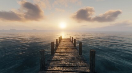 Obraz premium Mystical sunrise over the tranquil ocean with a wooden pier leading into horizon