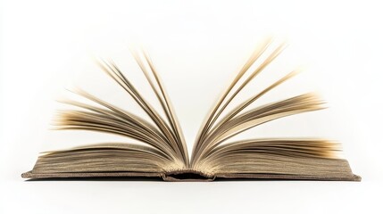 Open book with pages fanned out, isolated on white background.