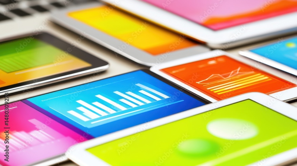 Poster colorful tablets displaying data visualization and analytics concepts