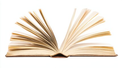 Open book with fanned pages isolated on white background.
