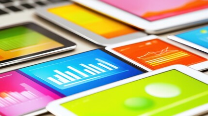 Obraz premium Colorful Tablets Displaying Data Visualization and Analytics Concepts