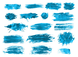 set of abstract watercolor blue brushstrokes, blots, lines, splatters, and smudges, graphic design elements 