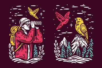 Adventure Illustration with Hiker, Birds, and Mountain Scene
