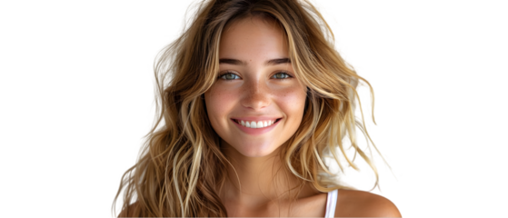 Smiling woman with blonde hair, and portrait.