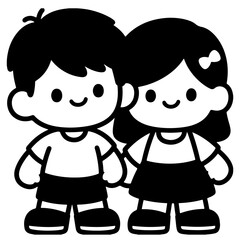 A cute boy and girl are standing together, smiling happily. This black and white vector illustration is perfect for children's books, greeting cards, and other projects.