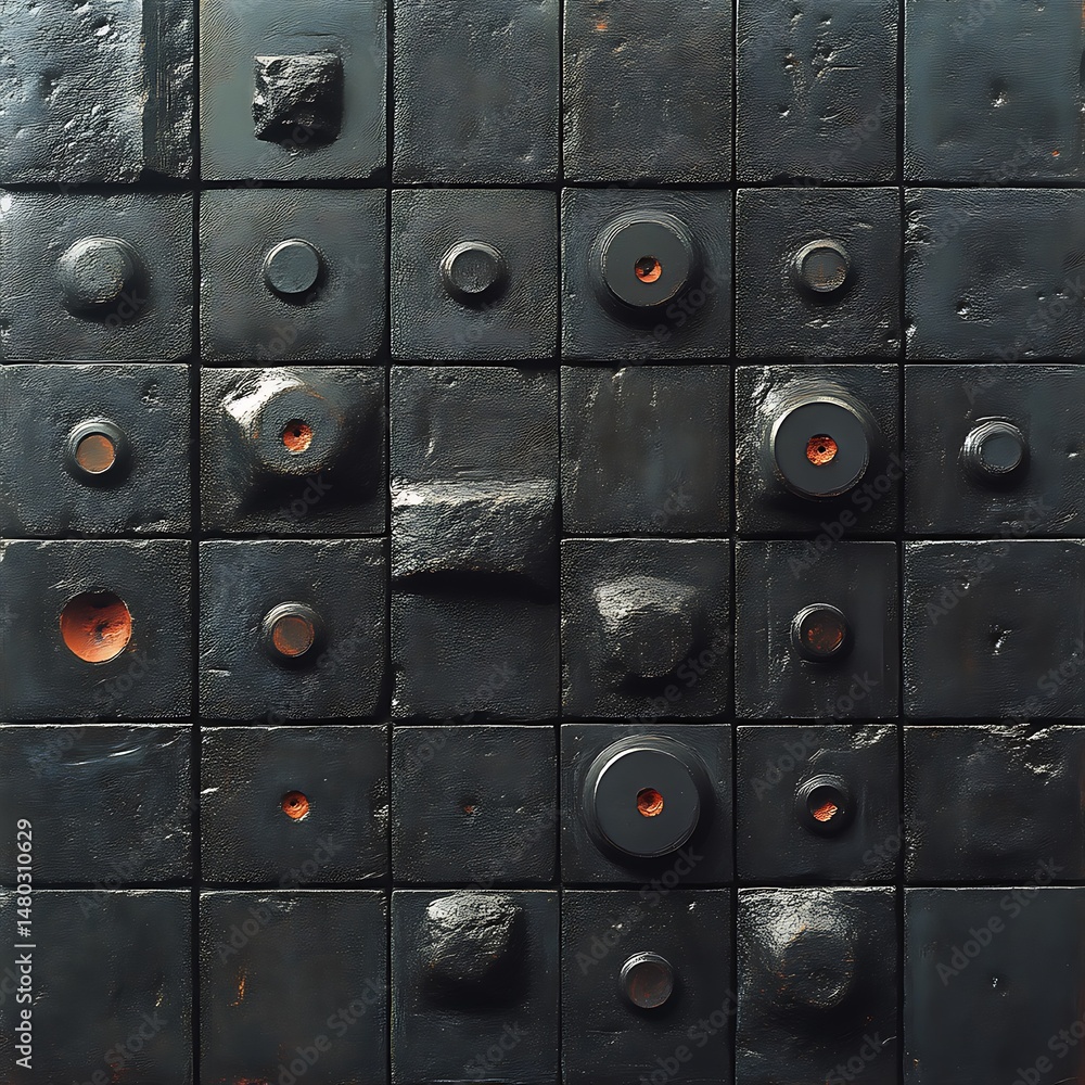Poster dark grid of square tiles with various embedded shapes and textures