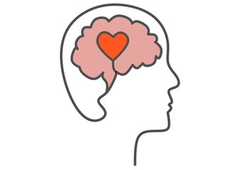 A simple line art illustration depicts the profile of a human head containing both a brain and a heart