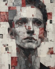 Intriguing contemporary portrait constructed from newspaper fragments and red accents, creating a fragmented and layered effect, evoking themes of identity, memory, and the passage of time