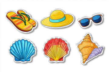 Brightly colored summer accessories including sandals, sunglasses, and shells perfect for beach activities