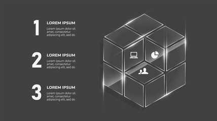 3D Glass Cube Business Infographic with 3-Step Process, Timeline, and Reflections for Technology & Packaging