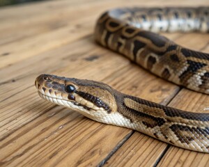 Fototapeta premium Ball python slithering gracefully on a wooden surface close-up photography natural environment captivating detail