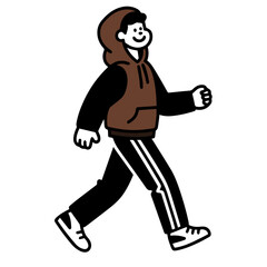 Happy young man walking, wearing brown hoodie and black pants with white stripes.  Vector illustration.