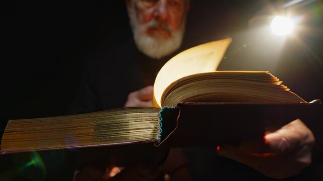 Elderly man holding open book under reading lamp, flipping pages in warm light, rich storytelling and wisdom theme, perfect for education, literature, history, and inspirational concepts in publishing