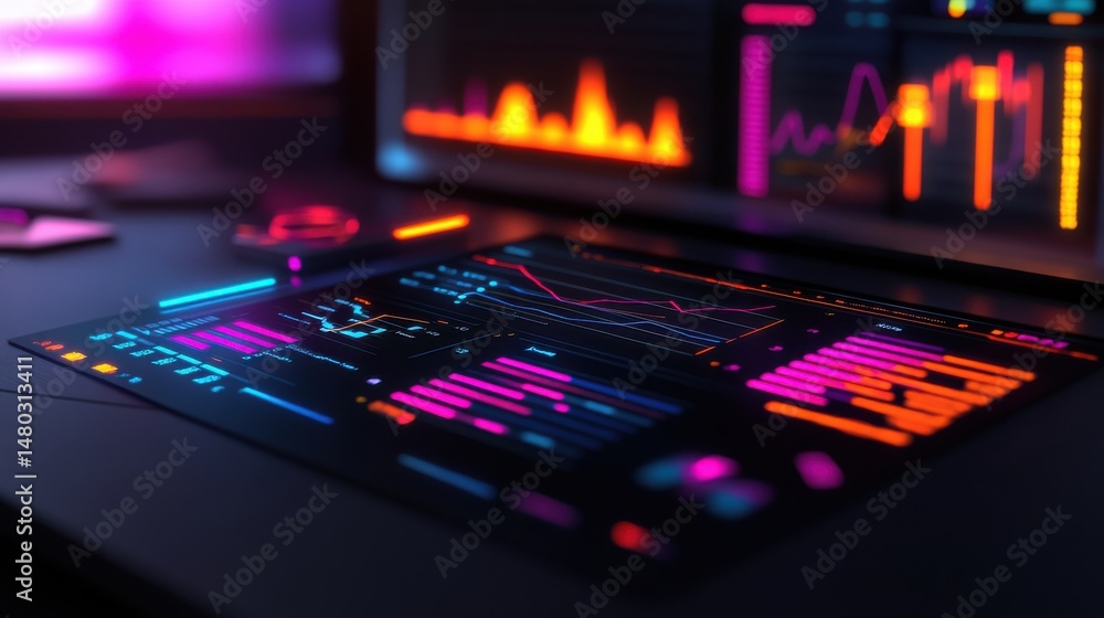 Poster colorful data visualization with neon elements and interactive graphs