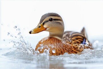 Mallard duck splashing water with bright clear background.