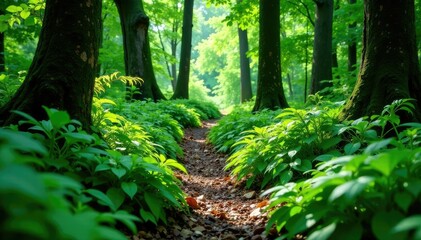 Obraz premium Overgrown ferns and shrubs in a shaded wood area, greenery, botanical