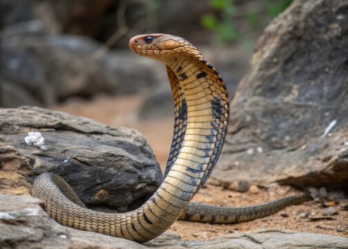 King cobra striking pose on rocky terrain nature photography wildlife environment close-up view high detail