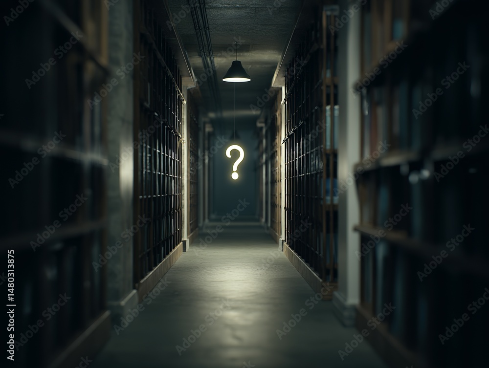 Poster mysterious library corridor illuminated by a question mark.