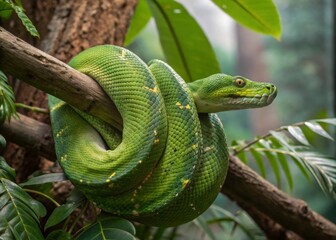 Obraz premium Coiled green tree python resting on branch in lush rainforest high-detail wildlife photography
