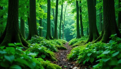 Fototapeta premium Overgrown forest with decaying trees in the background, greenery, untouched