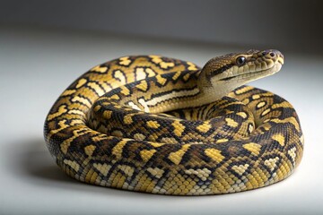 Fototapeta premium Coiled reticulated python in a studio setting high-contrast pattern photography indoor environment close-up perspective for stunning visual impact